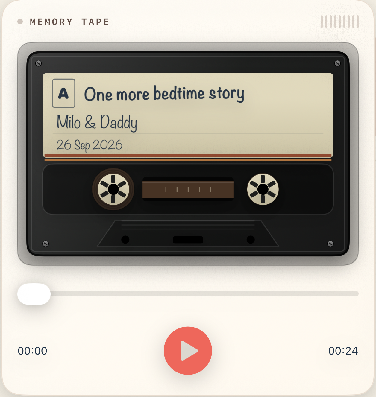Kins voice memory cassette, labelled One more bedtime story, Milo and Daddy