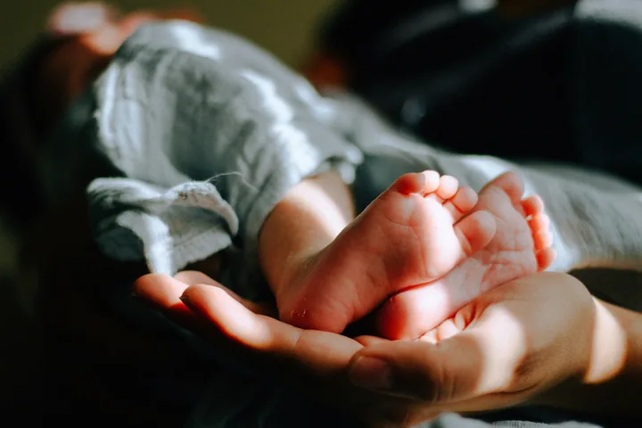 A newborn baby's feet resting in an adult's open hands