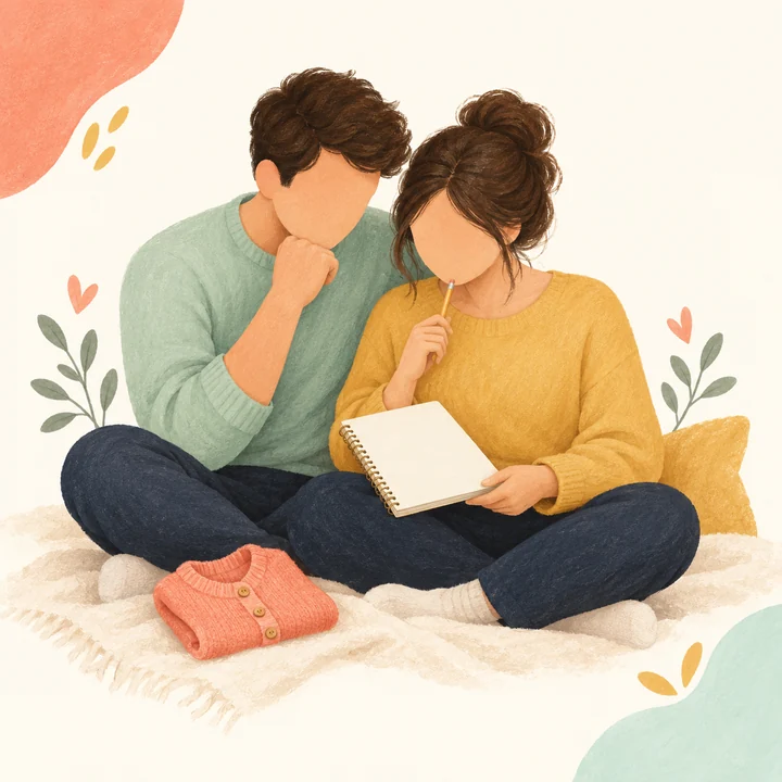 Two parents considering a notebook of baby names