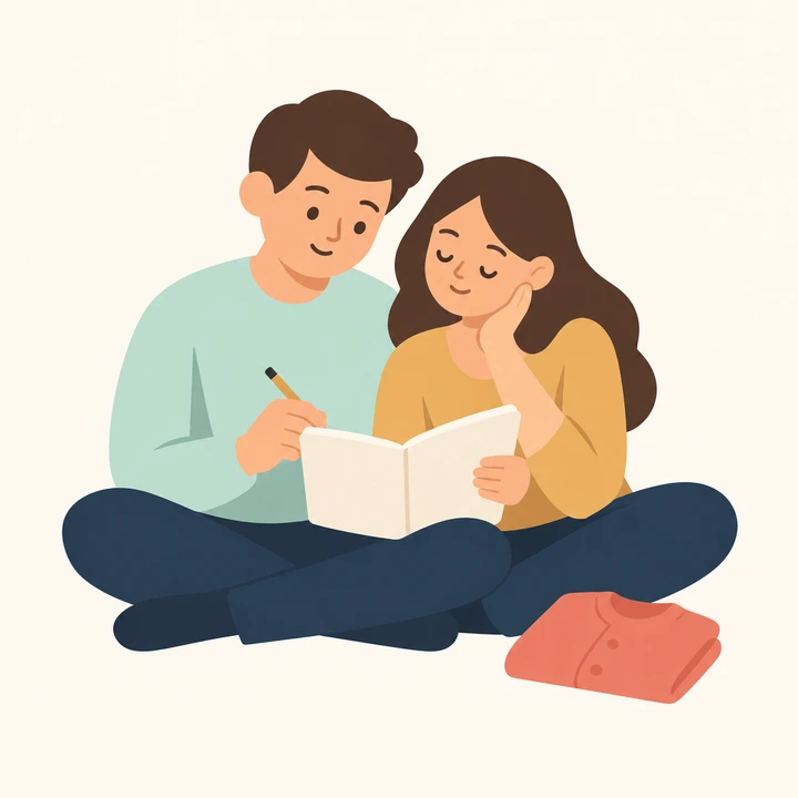 Two parents considering a notebook of baby names with a tiny coral cardigan beside them