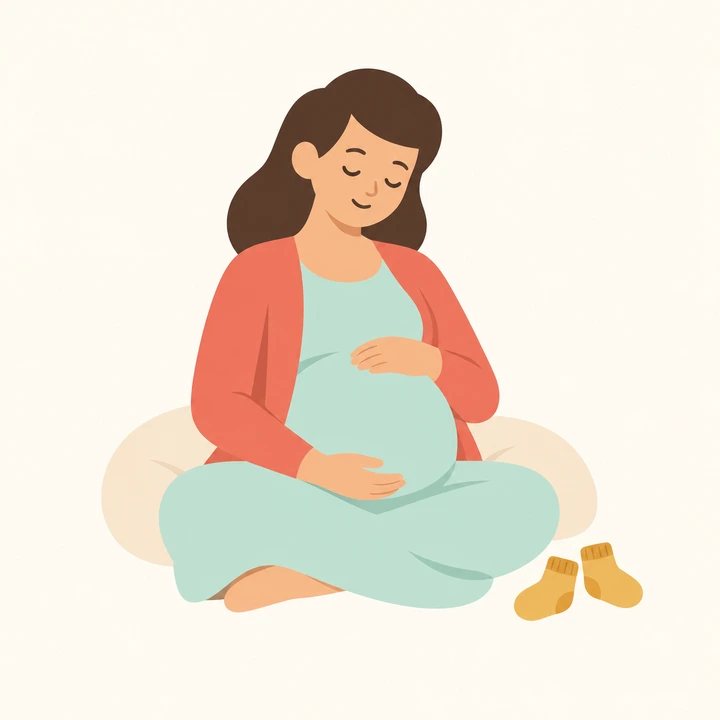 An expectant parent in mint and coral resting a hand on their belly