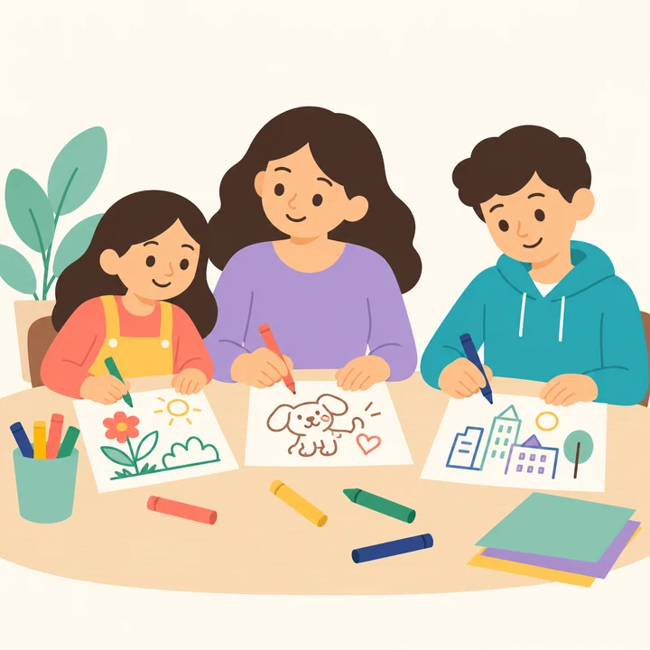 A parent, a girl and a boy colouring and drawing together