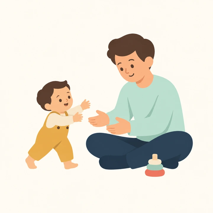 A toddler in ochre dungarees stepping towards a seated parent
