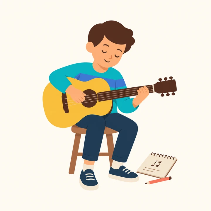 A ten-year-old practising a guitar beside a sketchbook