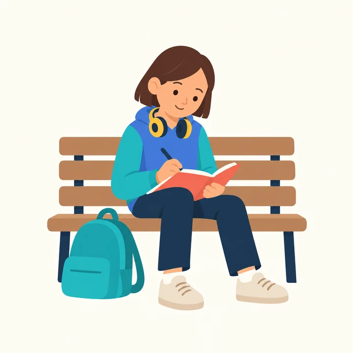 An eleven-year-old with headphones around their neck writing on a bench beside a backpack