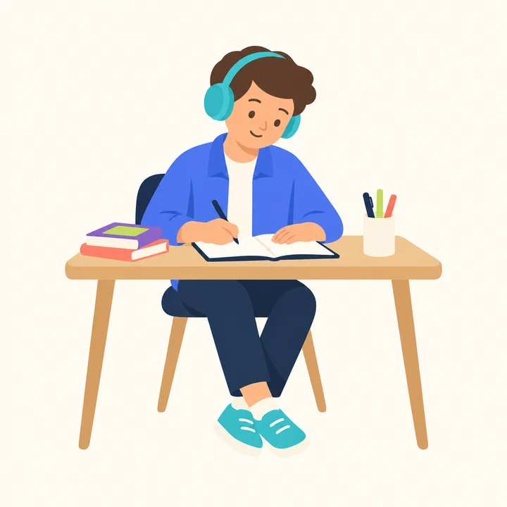 A twelve-year-old wearing headphones and writing in a notebook at a desk