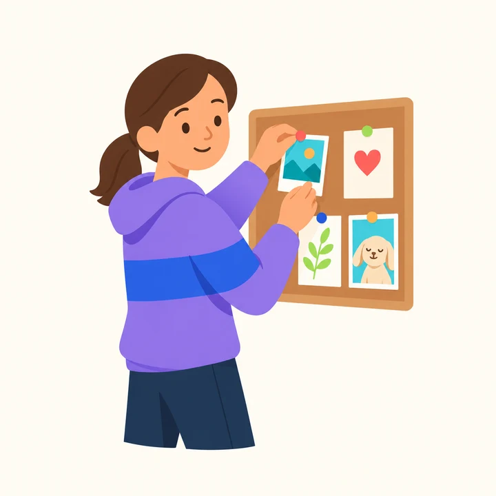 A thirteen-year-old pinning photographs and artwork to a board