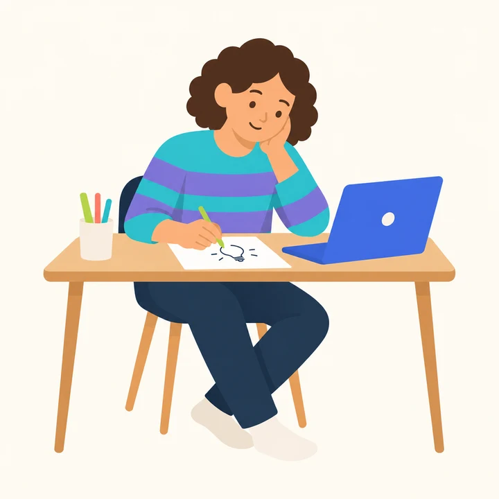 A fifteen-year-old drawing a design at a desk with a laptop