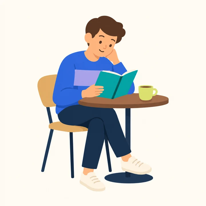 A sixteen-year-old reading at a cafe table beside a cup