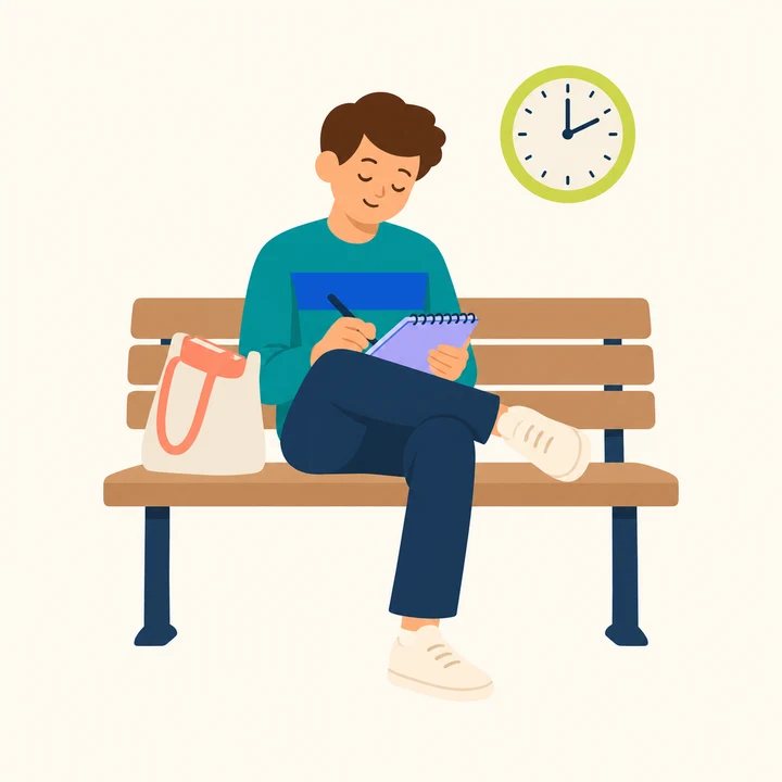 A seventeen-year-old sketching on a station bench beside a canvas bag and clock