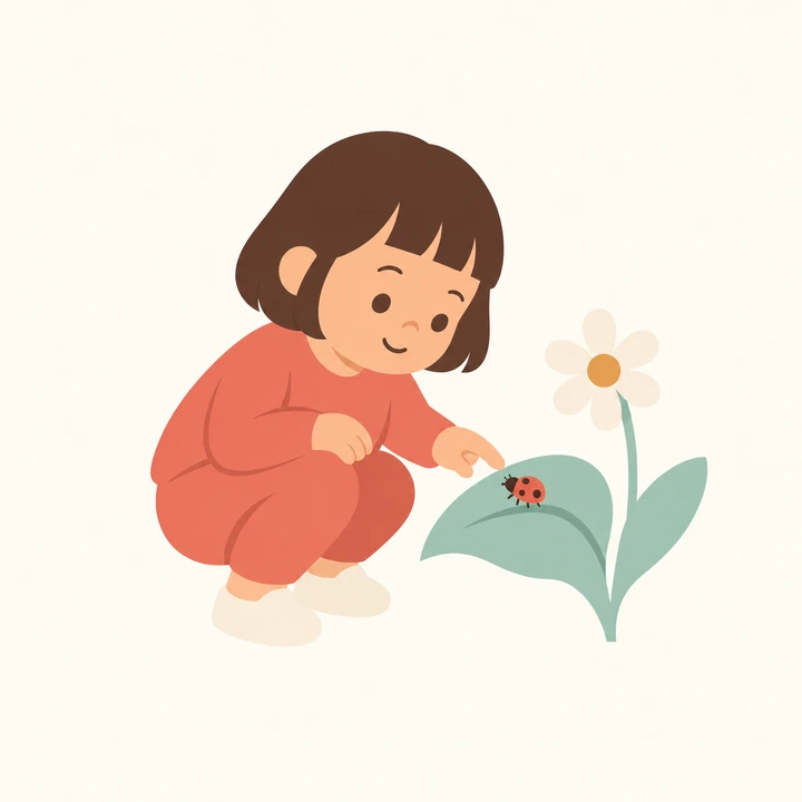 A toddler in coral looking at a ladybird on a leaf beside a daisy