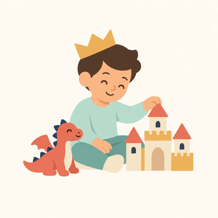 A child wearing a paper crown playing with a toy castle and dragon