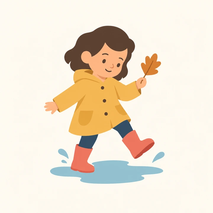 A child in an ochre raincoat and coral boots stepping over a puddle