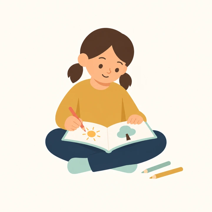 A child in an ochre jumper reading an illustrated book beside coloured pencils