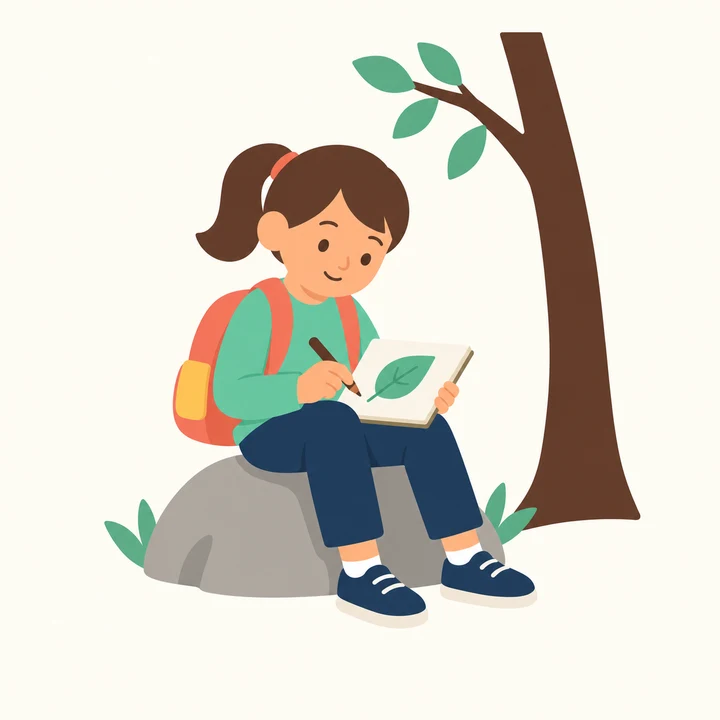 A six-year-old with a backpack drawing a leaf in a notebook beside a simple tree