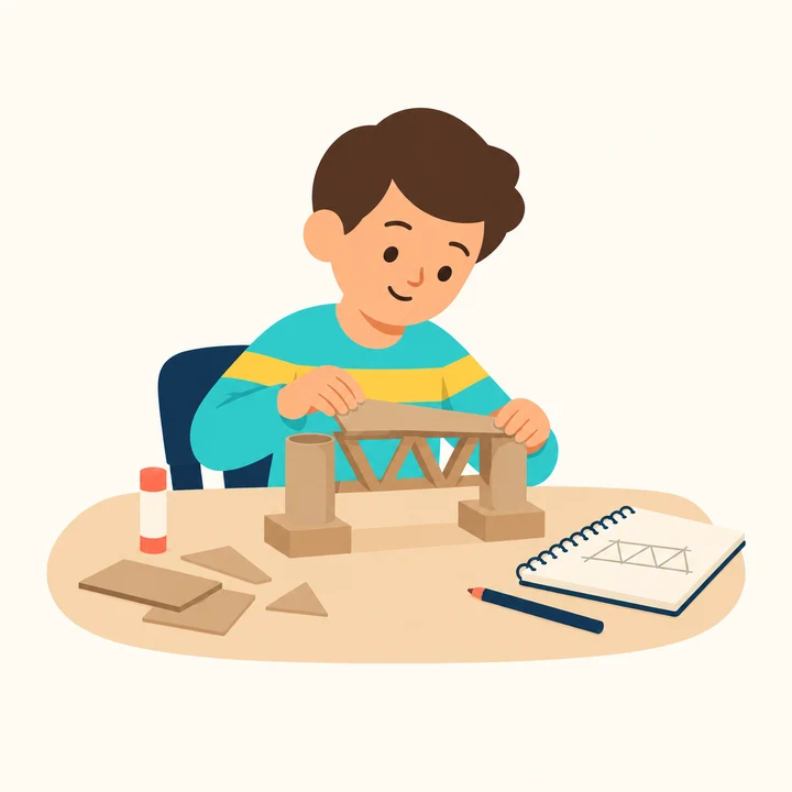A seven-year-old assembling a cardboard bridge at a table