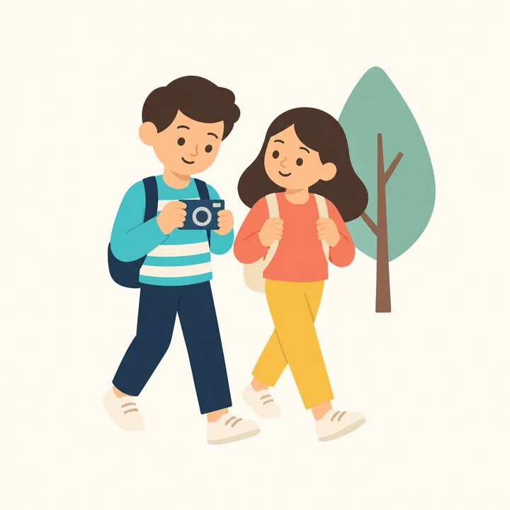 Two eight-year-old friends on a walk with a small camera