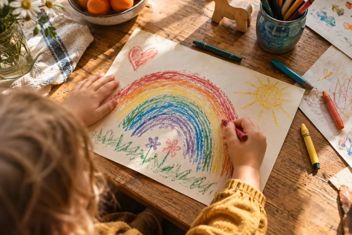 Little hands drawing a rainbow at the kitchen table