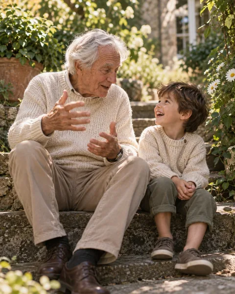A grandfather and child sharing a laugh in the garden
